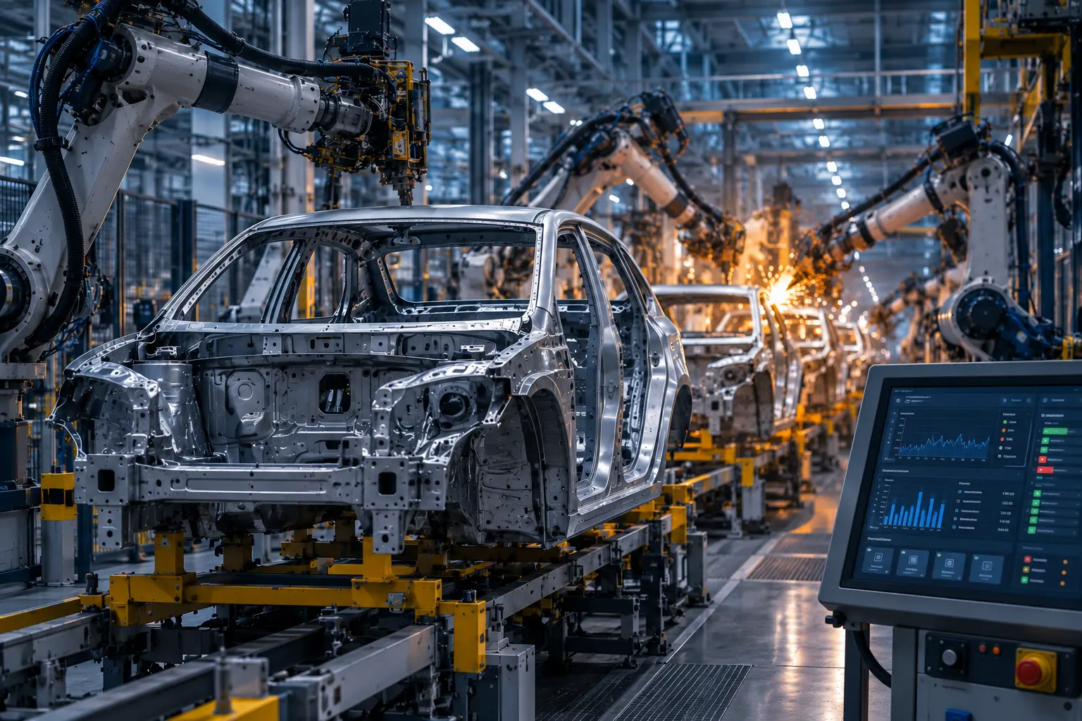 Zrobotyzowana linia montażu samochodów w zakładzie automotive.