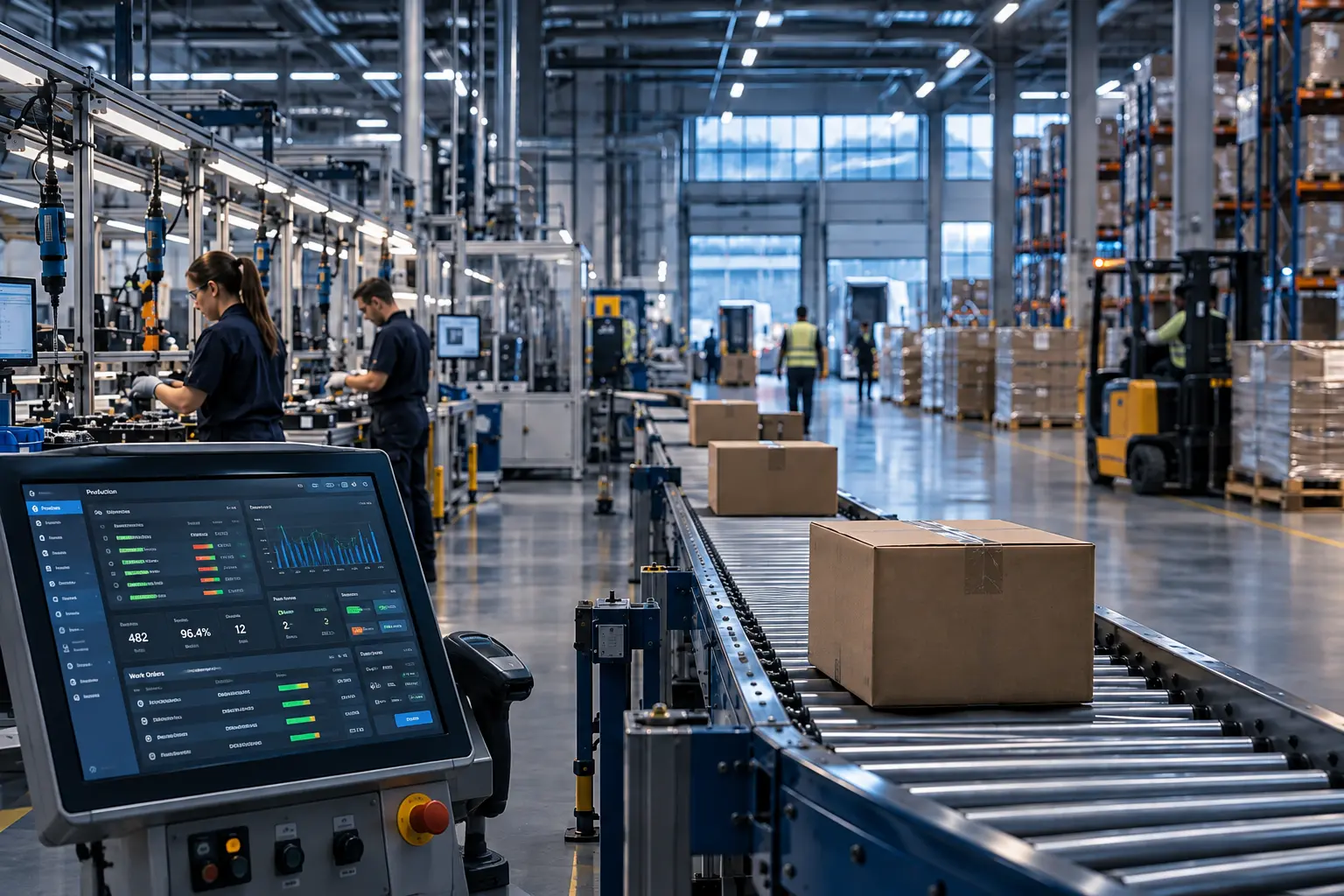 Linia przenośnikowa w zakładzie produkcyjnym obsługiwana przez pracowników.